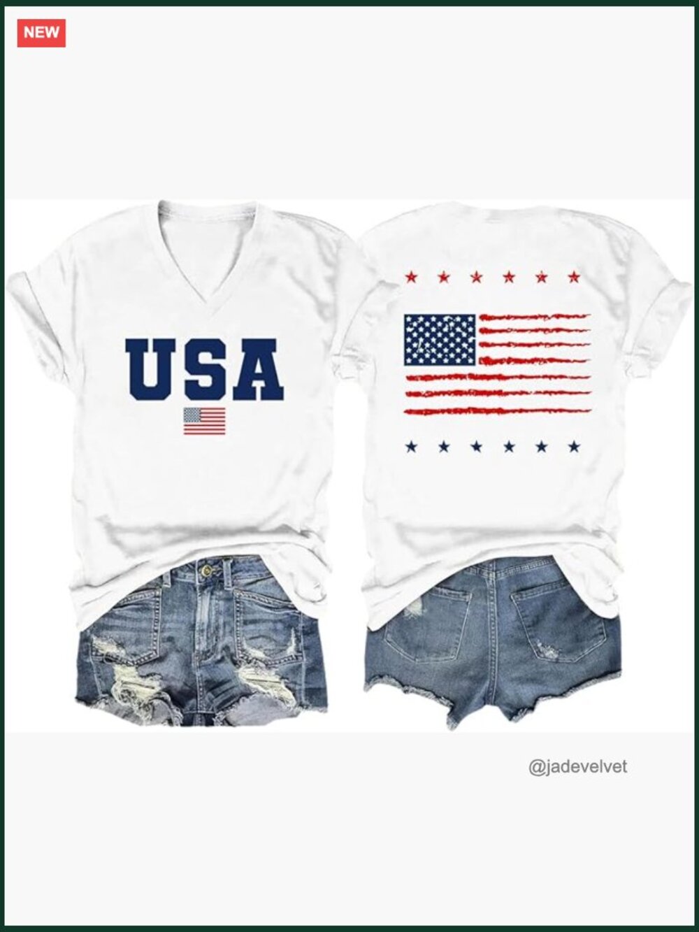 USA Flag Patriotic V-Neck Short Sleeve T-Shirt 4th of July Tee